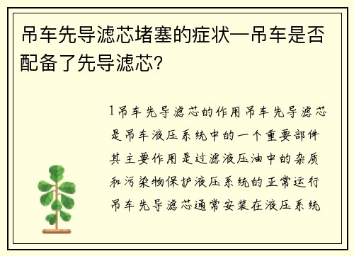 吊车先导滤芯堵塞的症状—吊车是否配备了先导滤芯？