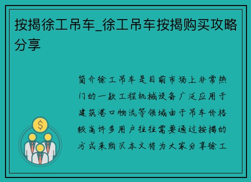 按揭徐工吊车_徐工吊车按揭购买攻略分享