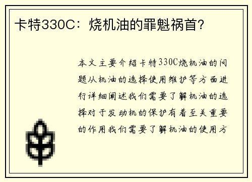 卡特330C：烧机油的罪魁祸首？